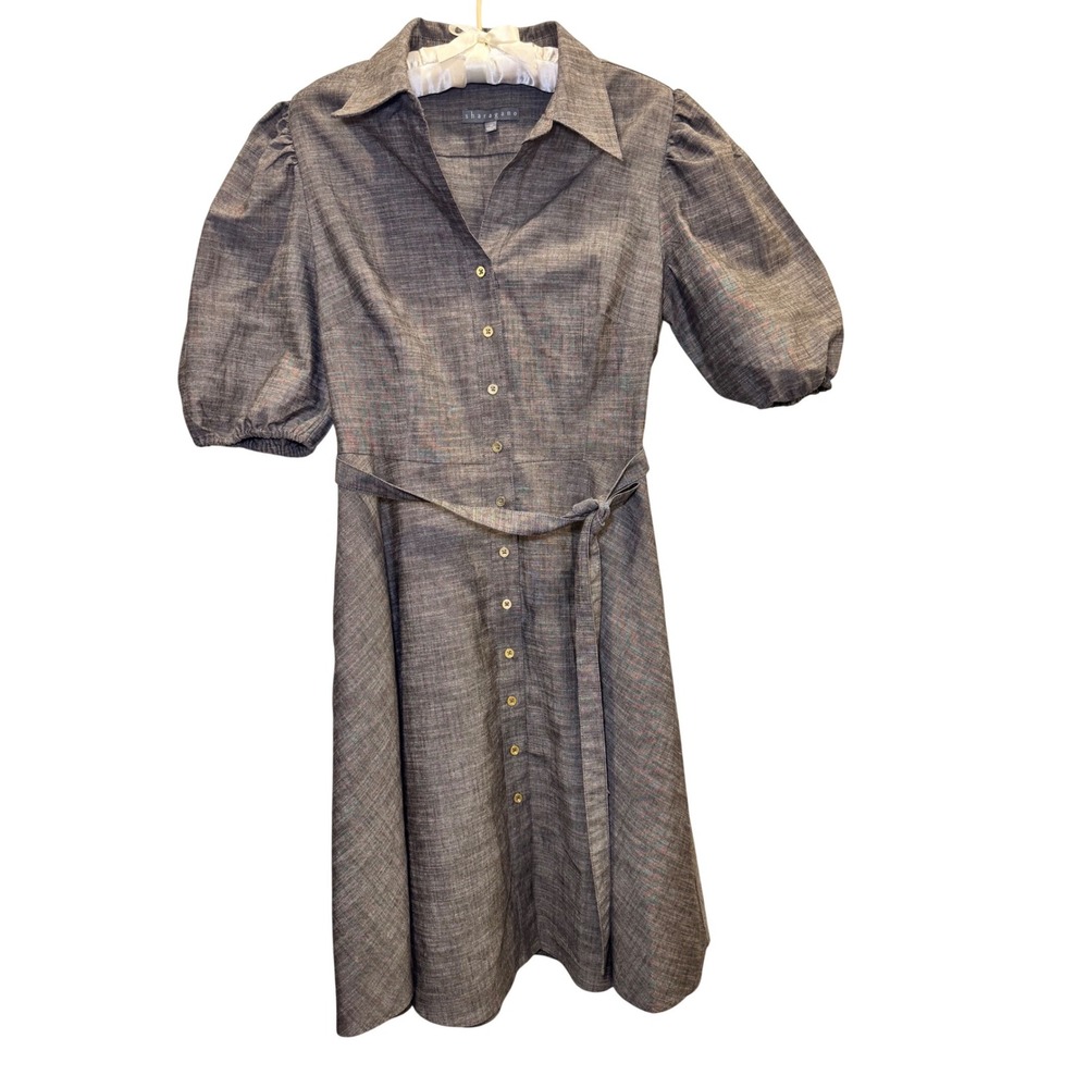 Sharagano Womens Brown Puff Sleeve Button Front Belted Midi Shirt Dress Size 12